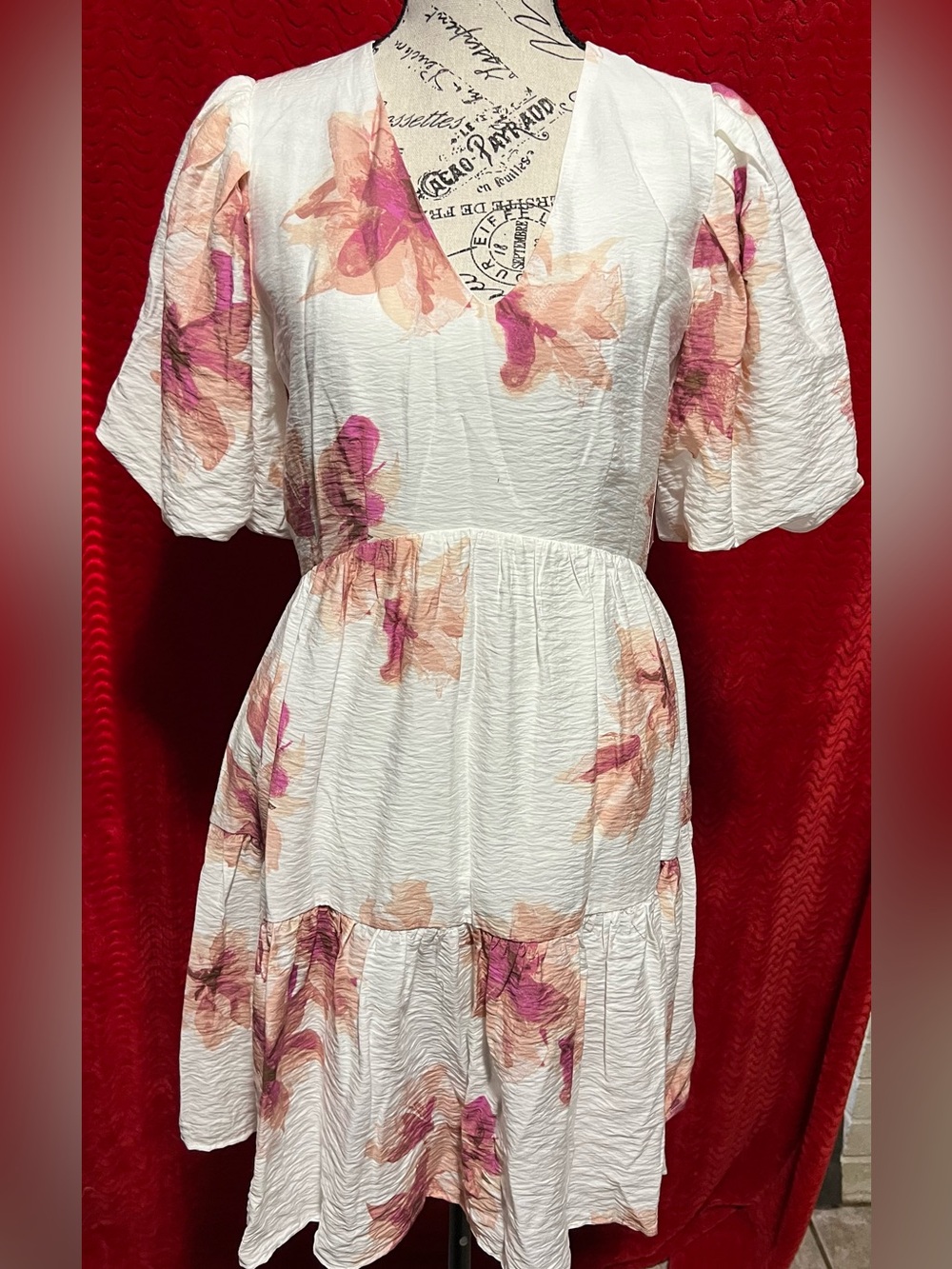 Nine West White Midi Dress with Pink & Peach Floral Print